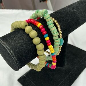 Boho Beaded Bracelet  Set | Multicolor Wood & Gold Stretch | 4 Piece Stack